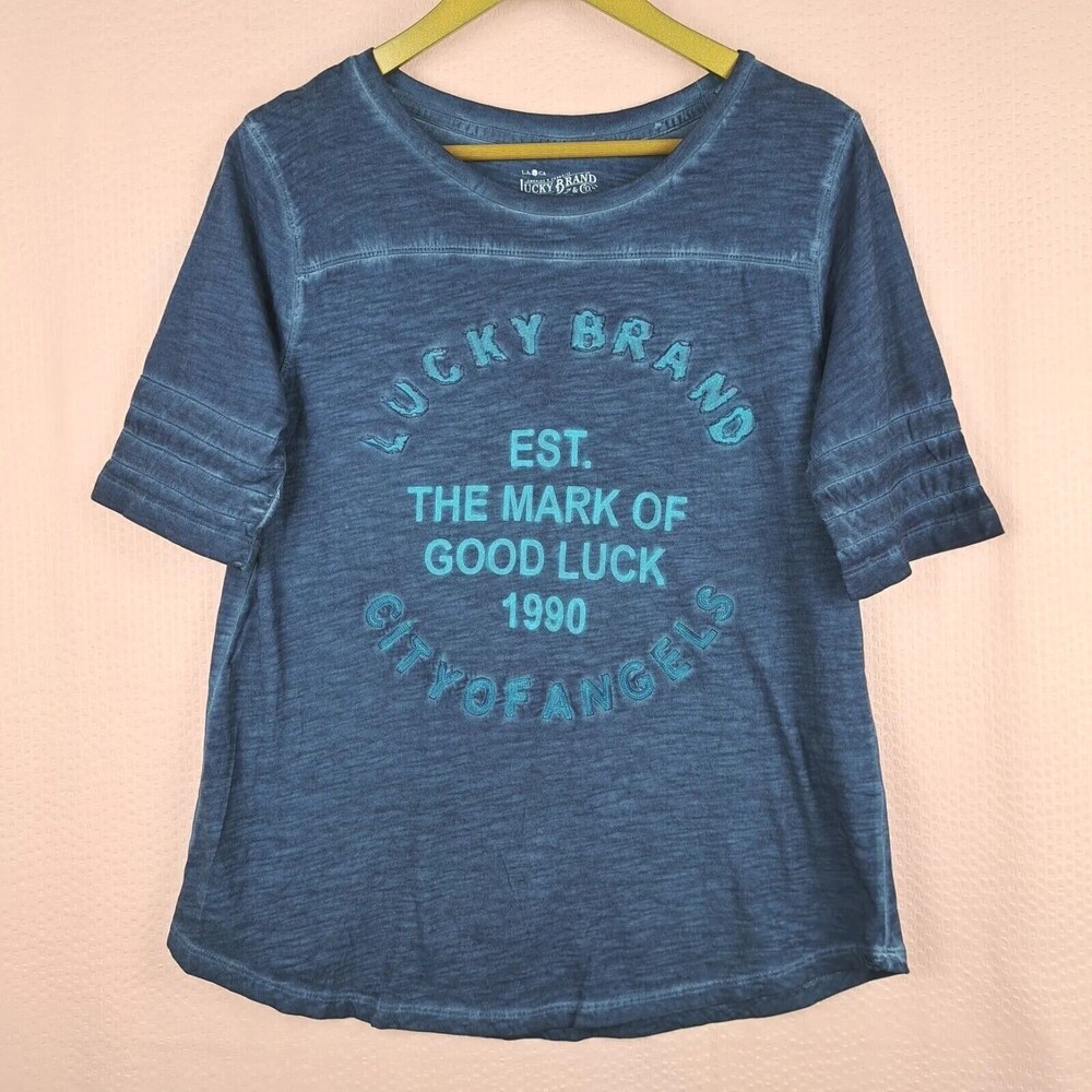 Lucky Brand Tie Dyed Crewneck T Shirt M Blue Short Sleeve Embroidered Round Hem